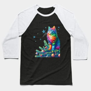 Colourful Christmas Cat Baseball T-Shirt